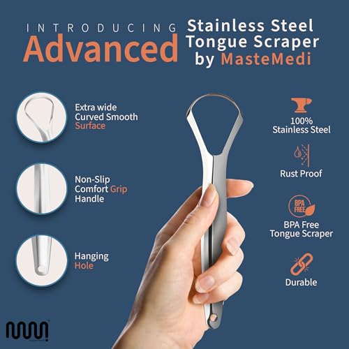 MasterMedi Tongue Scraper for Adults, 100% Stainless Steel Tongue Scrubber for Bad Breath, Easy to Use, Tongue Cleaner for Oral Care & Hygiene (SPTC-1|with Case)