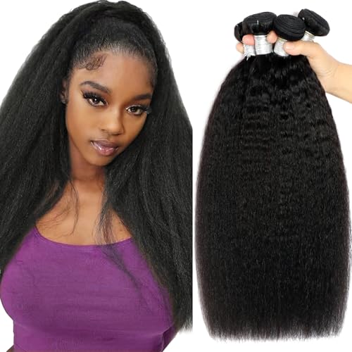 Kinky Straight Bundles Human Hair 18 20 22 24 Inch Yaki Straight Bundles Human Hair 4Pcs Sew in Kinkystraight Remy Hairs Extension 12A 100% Unprocessed Brazilian Virgin Hair Weave Natural Color