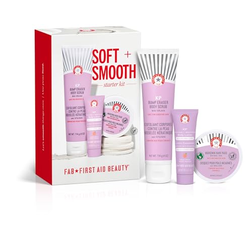 First Aid Beauty Soft + Smooth Starter Body Kit: KP Bump Eraser Body Scrub, 4 oz, Smoothing + Brightening Lotion (Peach), 1oz, & Ingrown Hair Pads, 28 Pads, Exfoliation & Hydrating Skin Care Set, 3ct