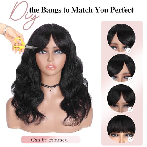 Fancy Hair Natural Wavy Human Hair Wig with Bangs Lace Middle Part Glueless Body Wave Brazilian Virgin Human Hair Wigs with Bangs for Black Women Natural Black 20 inches