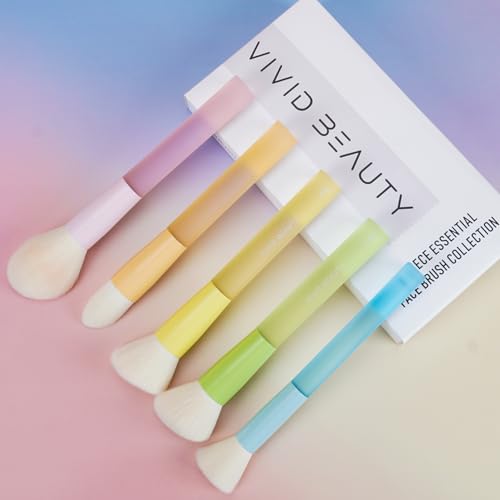5pcs Multi Color Face Makeup Brush set ? Powder, Kabuki, Angled Fluff, Blush Brushes with Vegan Bristles That Mimic Natural Wool ? Non-Slip Rubber Handles ? Perfect for Contouring, Setting, Blending