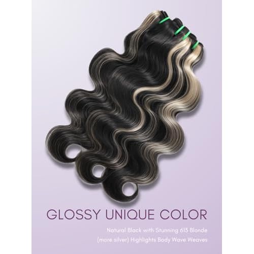 Black With Platinum Blond Highlight Bundles and 2x6 HD Lace Closure Body Wave Human Hair, 12A Balayage Ombre Skunk Stripe 3 Bundle With Long Deep Part Natural Black 2x6 Kim K Closure 12 14 16+10