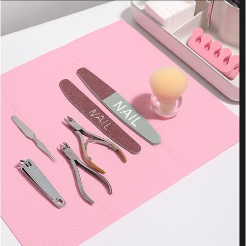 Disposable Nail Mats 50Pcs Non-Slip Fordable Nail Paper Towels for Manicure Salon Home 3 Ply Waterproof Adult Disposable Bibs for Dentist, Nail Techs, Patient Hygiene, Tattoo (Pink)