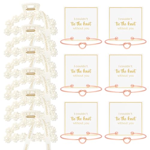 DEEKA 12 Pcs Bridesmaid Proposal Gifts, Pearl Hair Claw Clips & Bridesmaid Knot Bracelet Bachelorette Party Wedding Favors Bridal Party Present Hair Accessories for Women(Rose Gold Bracelets)
