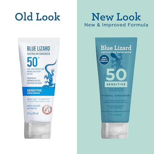Blue Lizard SENSITIVE Mineral Sunscreen with Zinc Oxide, SPF 50+, Water Resistant, UVA/UVB Protection with Smart Cap Technology - Fragrance Free, 3 oz. Tube
