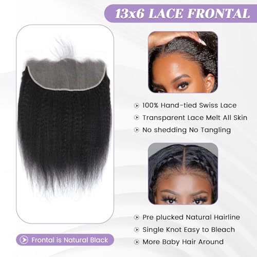 Kinky Straight Frontal 13x6 Frontal Human Hair Transparent HD Lace Frontal Yaki Straight Frontal Closure 100% Human Hair Ear to Ear Lace Frontal Natural Black Color 20Inch 150% Density