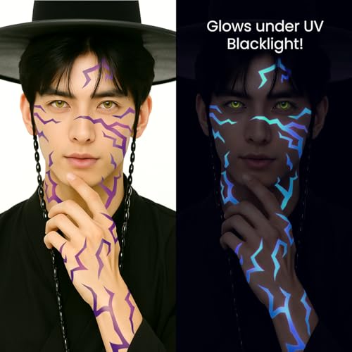 UV Glow Pattern Temporary Tattoos | Purple Demon Energy Pattern | Blacklight Activated Neon Blue | Hunter Cosplay | Fake Tat Stickers | Music Festivals, Kpop RPD, Rave Accessories, Halloween