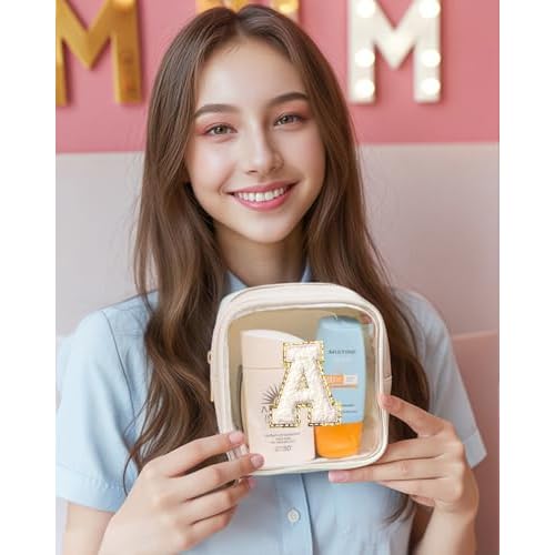 KOTORA Initial Make Up Bag Travel Toiletry Bag, Clear Makeup Bag Preppy Cosmetic Bags Organizer Easter Basket Essentials Pink Gifts for Women Girlfriend Teacher Mom Brithday Small Makeup Bag Beige A