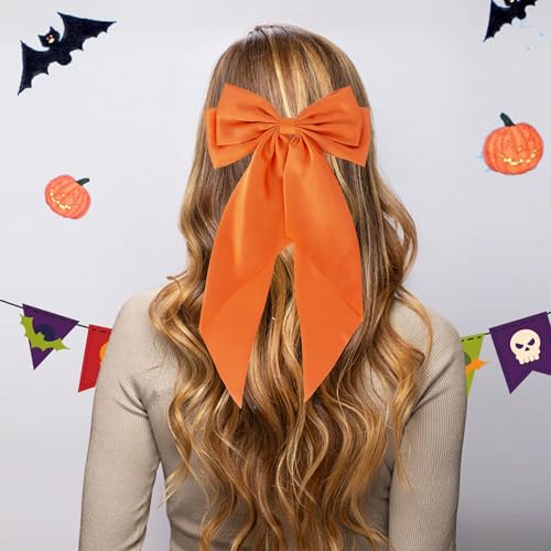 Halloween Fall Orange Hair Bows for Women, 2PCS Silky Satin Hair Bows with Long Tail Oversized French Hair Bow Barrettes Hair Accessories for Halloween Thanksgiving Autumn Holiday