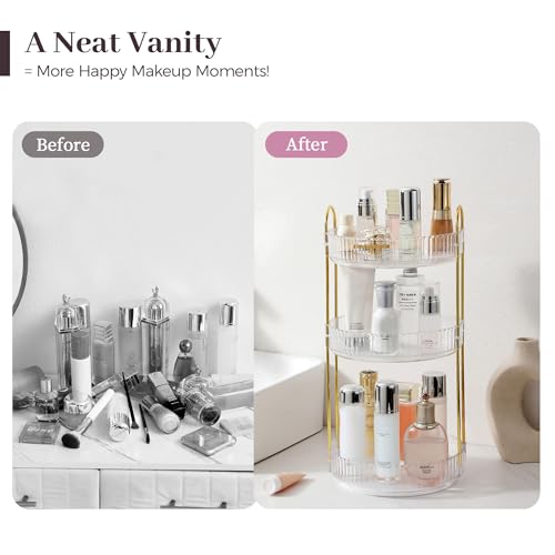 Aveniee Rotating Makeup Organizer for Vanity, 3 Tier Perfume Skincare Organizers and Storage for Bathroom Countertop, Clear Spinning Counter Cosmetic Holder for Dresser,White