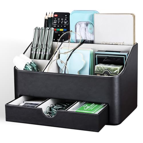 KINGFOM Leather Makeup Organizer with Drawer, Cosmetic Storage for Dresser Countertop and Bathroom Vanity, Beauty Holder for Lipstick Brush Skincare (Black)