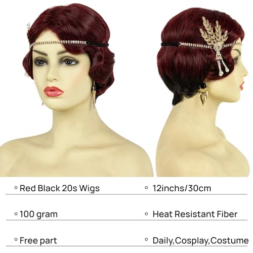 STfantasy 20S Finger Wave Wig Flapper Curly Synthetic Hair for Women 1920s Cosplay Costume Halloween Party Daily Everyday Wear (Black+Red)
