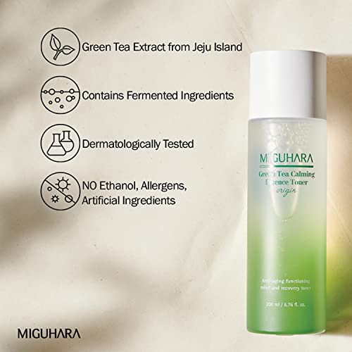 [MIGUHARA] Green Tea Calming Essence Toner Origin 200ml / 6.76 Fl Oz | Facial Toner, Hydrating Toner, Skin Recovery, Calming Toner | All Ingredients Graded EWG Green