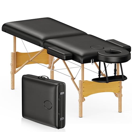 Brelley Massage Table Portable Wooden Lash Bed 24" Wide Adjustable Height 2-Fold Spa Table Foldable Tattoo Bed (Black)
