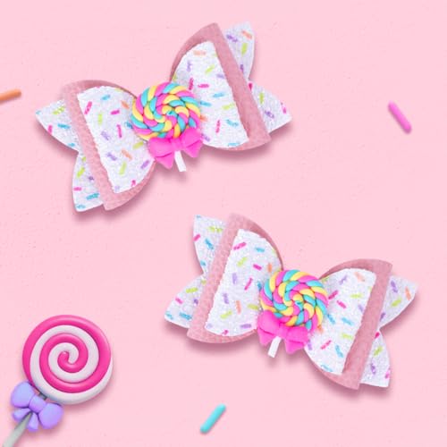 Beleki Lollipop Hair Bows, Glitter Hair Clips for Girls Sparkly Confetti Sprinkle Handmade Bows Metal Alligator Hairpin Hair Accessories for Girls Birthday Back to School Party Decor - Pink