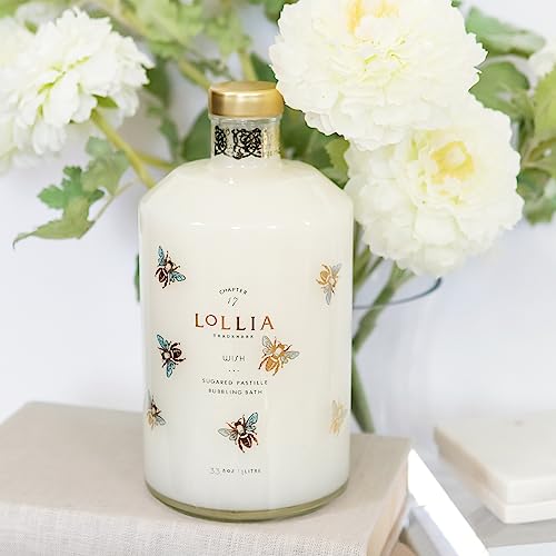 Lollia Wish Bubble Bath, 33.8 fl oz, Vanilla Bean, Rice Flower, Jasmine Leaves, & Sugar Cane, Luxury Hydrating Women's Bubbling Bath Soap, Delicate & Relaxing Scented Skin Care