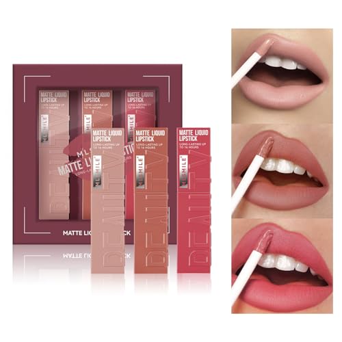 Matte Liquid Lipstick Makeup Set, 3Pcs Long Lasting Smudge Proof Lip Gloss Set, High Pigmented Velvety Nude Red Lip Stain Lip Makeup Gift Sets for Girls and Women