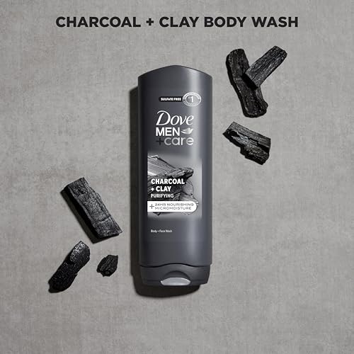 DOVE MEN + CARE Body and Face Wash 4 Count Purifying Charcoal + Clay Body Wash for Men with 24-Hour Nourishing Micromoisture Technology 18 oz