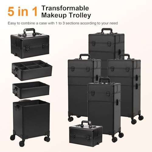 Professional Rolling Makeup Case, Cosmetology Case on Wheels 4 in 1 Large Cosmetic Train Case, Ideal Gift for Hairstylist, Nail Techs, Portable Beauty Organizer for Travel or Salon Use,Black