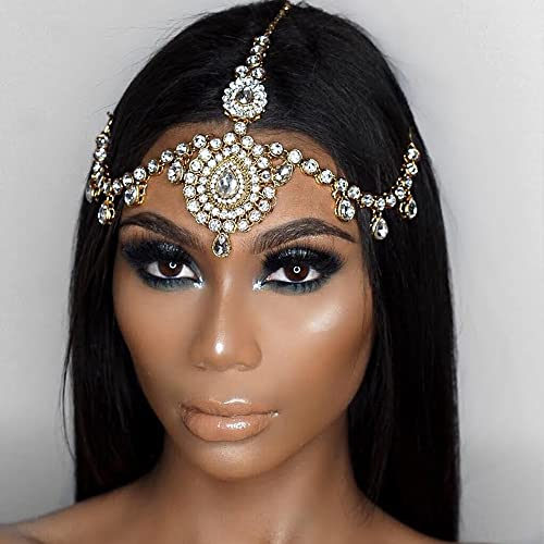 YERTTER Wedding Gold Rhinestone Head Chain With Clip Jewelry Forehead Tassel Fringe Headband Headpiece Crystal Chain Headband Hair Accessories for Women Brides Prom Costume(Gold 2)