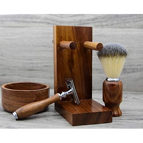Safety Razor Shaving Kit, Double Edge Razor Blades,Hair shaving Brush wood Handle, Wood Shaving Bowl And Shaving Stand Kit, Wet Shave Grooming Set for Men Best shaving set Gift For Gentleman