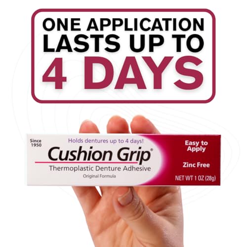 Cushion Grip Thermoplastic Denture Adhesive 1oz (10 Pack)?Extra Strong Hold Up to 4 Days, Unmatched Strength, Waterproof & Zinc Free, Relieves Sore Gums, Comfortable Refit, Long Lasting Denture Refit