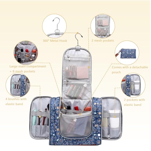Hanging Toiletry Bag for Women, Travel Makeup with Metal Swivel Hook, Organizer for Full Sized Cosmetics and Toiletries,Water-Resistant Nylon,Paisley Floral