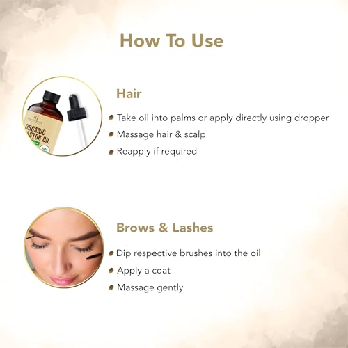 Botanic Hearth Castor Oil | 100% Pure & Natural, Cold Pressed, Organic | 2 fl oz| For Hair, Eyelashes & Eyebrows | Hexane Free, Fast Absorbing | With Dropper & Applicators