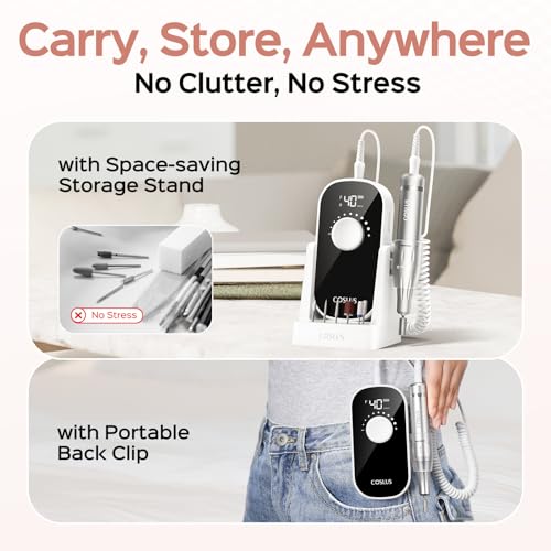 COSLUS Electric Nail Drill Professional: 40000 RPM Rechargeable Nail File with Stand for Acrylic Gel Nails - Stable & Smooth Grinding, Easy to Use, Ideal for Beginners Women, Home DIY and Salon, White