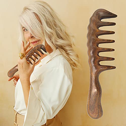Thicken Wooden Wide Tooth Comb for Curly Hair,Large No-static Handmade 100% Natural Sandalwood Hair Comb for Head Scalp Massage,Detangling Comb for Women Holiday Gift (Green Sandalwood)