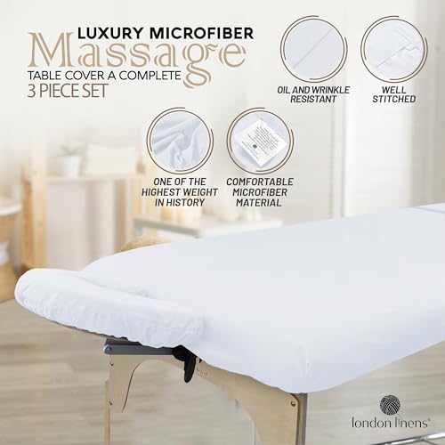 LONDON LINENS Pack of 2 Soft Microfiber Massage Table Sheets 3 Piece Set - Includes Massage Table Cover, Massage Fitted Sheet, and Massage Face Rest Cover (White)