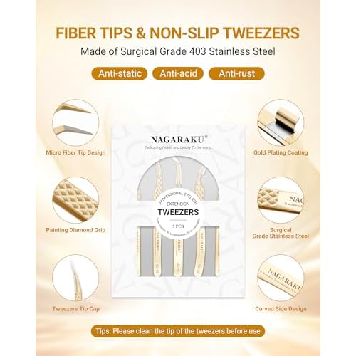 NAGARAKU Eyelash Tweezers Set, 5 PCS Precision Micro Fiber Tip Tweezer for Lash Extensions Antistatic Anti-Slip Straight and Curved Pinzas AG-03/AG-05/AG-07/AG-08/AG-09 with Box For Lash Artists