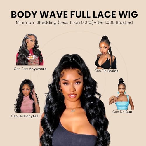 Full Lace Human Hair Wigs Body Wave HD Transparent Lace Handmade Whole Lace Wig Pre Plucked With Baby Hair Invisible Knots 100% Brazilian Remy Virgin Hair 180% Density 12 Inch Natural Black