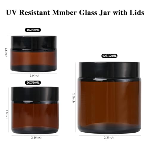 Amber Glass Jars with Lids, 4 Pack 1oz Small Glass Jars with Inner Liners, 30 ml Reusable Empty Round Cosmetic Container for Creams, Lotion, Cosmetic, Spice, Powder