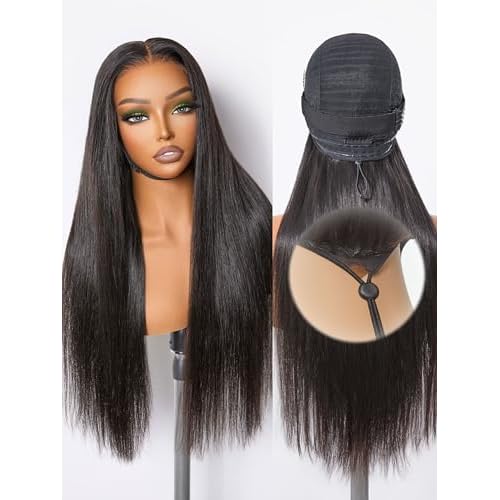 Frodio Drawstring Wigs Glueless Human Hair 6x4 Lace Front Wigs Silky Straight Lace Frontal Wig Pre Cut Plucked Lace Frontal 22 Inches Natural Black