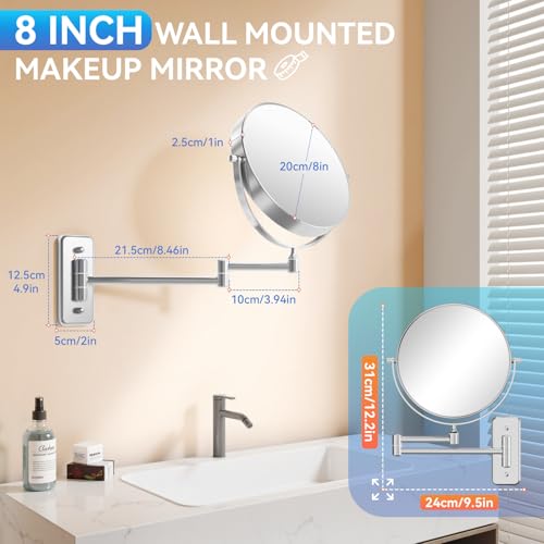 Auxmir 1X/30X Wall Mounted Makeup Mirror, 30X Magnifying Double-Sided Mirror with Tweezers, Bathroom Vanity Makeup Mirror, Cosmetic Mirror with 360 Rotation Extendable Swivel Arm, Chrome