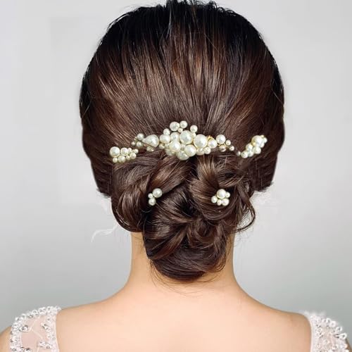 Wedding Pearl Hair Combs Set of 5 Pieces - Prom Hair Pins Accessories for Bridal Women (Gold)