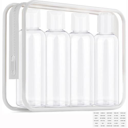 Clear Toiletry Travel Bottles, 3.4oz/100ml TSA Approved Empty Containers with Toiletry Bag - Cosmetic Kit with Labels for Shampoo, Conditioner, Lotion, and Airplane Accessories(4Pack, White)