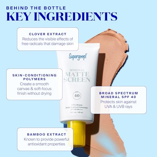 Supergoop! Mineral Mattescreen (SPF 40) - Pack of 2, 45 mL - Mineral, Oil-Free Broad Spectrum Sunscreen - Smooths Skin¡¯s Appearance, Minimizes Pores & Controls Shine - Water & Sweat Resistant