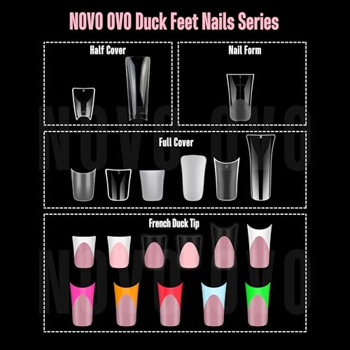 NOVO OVO Duck Nail Tips Extra Short Full Cover Press on, Pre-etched for Acrylic Design, Clear Pre-applied Tip Primer Soft Gel Y2K Flare Fake False Nail Extension Full Coverage x 12 Sizes 120 pcs