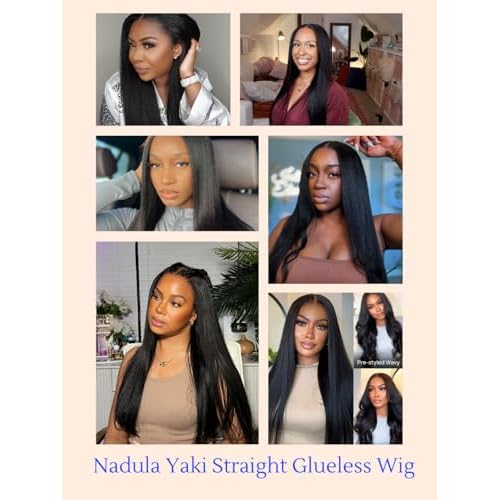 Nadula Bye Bye Knots No Slip Yaki Straight Glueless Drawstring Wig Human Hair with Flexible Mesh Cap Fits All Head, Pre Cut 7x5 Bye-Bye Slip HD Lace Front Pre Everything Light Yaki Straight Wig 16inch