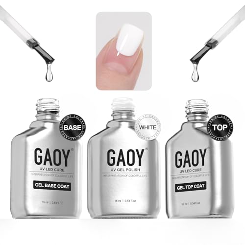 GAOY Gel Top Coat, Base Coat and White Gel Polish Set, 3 Pcs 16ml Clear Glossy No Wipe Combination and Color for UV Light Cure