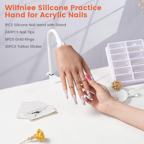 Practice Hand for Acrylic Nails: Silicone Nail Hand Practice with Gold Rings - Flexible Fake Hand Mannequin Nail Hand Kit for Beginners