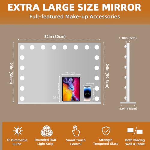 Misavanity Vanity Mirror with RGB Backlight 32¡¯¡¯x23¡¯¡¯ LED Makeup Mirror with 18 Dimmble 3 Color Modes Bulbs Light up Mirror with 10X Magnification and Smart Touch, White