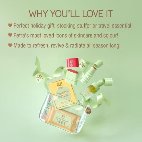 Best of Pixi Beauty Holiday Edition Gift Set | Kit Contains BeautifEYE Eye Patches, Glow Tonic Cleansing Cloths, Glow Mist, On-the-Glow Blush and +Hydra LipTreat Lip Balm in Holiday Makeup Bag