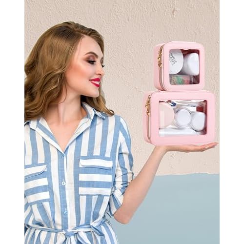 Small Clear Makeup Bag for Purse, Cute Mini Clear Cosmetic Bag Case Organizer, TSA Approved Square Small Makeup Case Pouch with Zipper, Car Travel Purse Essentials for Women (Pink, S)
