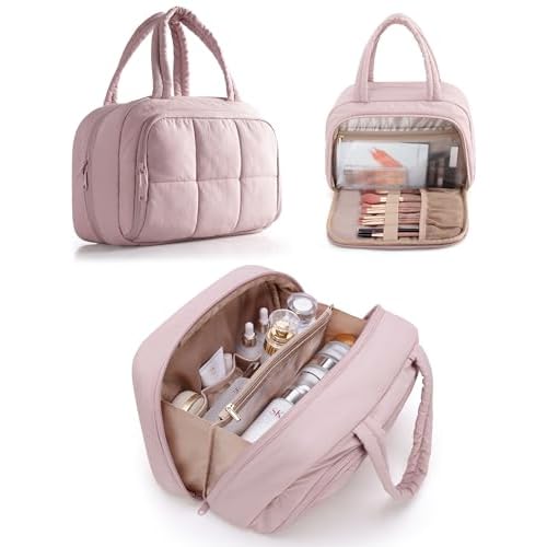 Travel Toiletry Bag for Women with Hanging Hook, Water Resistant Puffy Makeup Organizer with Leak Proof Pockets for Toiletries and Cosmetics - Pink (Bag Only)