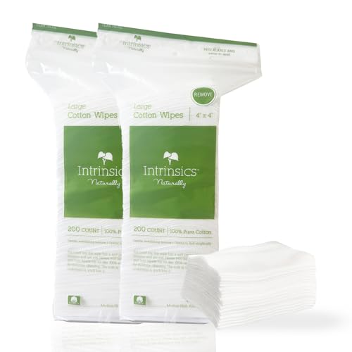 Intrinsics Large Cotton Squares (400 Count) ? 4x4¡± 8-Ply Medium-High Absorbency Pads, Lint-Free Hypoallergenic Cotton for Face, Makeup Removal, Skincare, and Spa Use