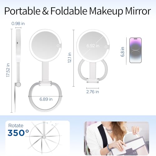 Magnifying Mirror with Light, Makeup Mirror with Lights and Adjustable Brightness, Hanging and Handheld Mirror with Handle, Travel Portable Lighted Makeup Mirror, 360¡ÆRotation, Memory Function 1X/10X