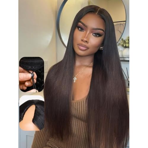 Julia Hair V Part Yaki Glueless Human Hair Wig Seamless Edge Clip in Half Wig Vpart Wigs No Sew in No Glue Ombre Chestnut Brown Upgrade U Part No Leave Out Beginner Friendly 22 Inch